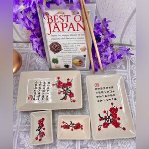 🌷 Japanese Ceramic Sushi Dish Set 🌷 Red Floral Design & Best of Japan Sushi Book